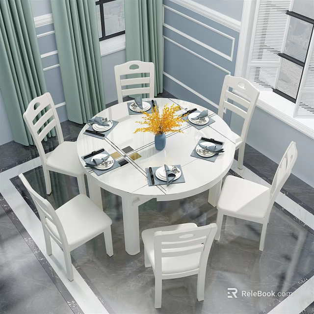 White Round Dining Table Set with Six Chairs Yellow Flower Tableware Green Curtains and Window 3d model 