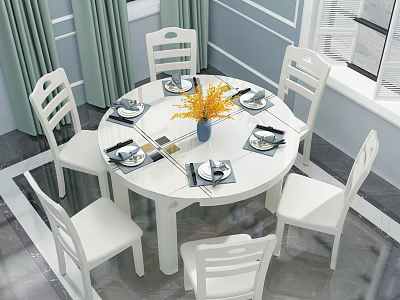 White Round Dining Table Set with Six Chairs Yellow Flower Tableware Green Curtains and Window 3d model
