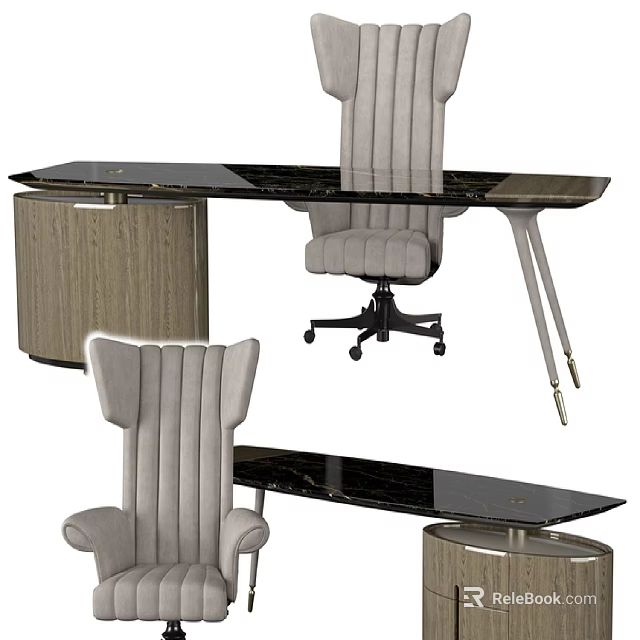 Modern Office Desk With Black Tabletop Gray Striped Chair Wooden Cabinet And Metal Legs 3d model 