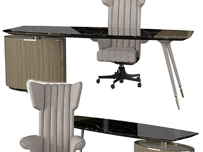 Modern Office Desk With Black Tabletop Gray Striped Chair Wooden Cabinet And Metal Legs 3d model