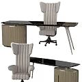 Modern Office Desk With Black Tabletop Gray Striped Chair Wooden Cabinet And Metal Legs