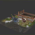 Outdoor Wooden Trailer Scene With Grill Grass Stones And Wheel