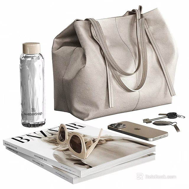 Stylish Accessory Decor Set With Beige Handbag Transparent Water Bottle Magazine Sunglasses Mobile Phone Keys 3d model 