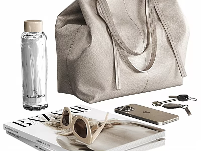Stylish Accessory Decor Set With Beige Handbag Transparent Water Bottle Magazine Sunglasses Mobile Phone Keys 3d model