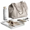 Stylish Accessory Decor Set With Beige Handbag Transparent Water Bottle Magazine Sunglasses Mobile Phone Keys