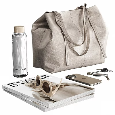 Stylish Accessory Decor Set With Beige Handbag Transparent Water Bottle Magazine Sunglasses Mobile Phone Keys 3d model