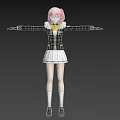 Woman with pink hair wearing black top white pleated skirt against yellow background arms outstretched