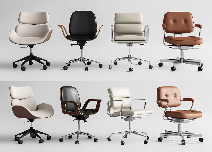 Modern Office Chairs Various Styles With Wheels White Black Brown Leather 3d model 