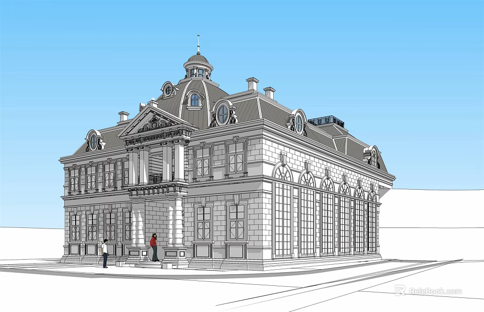 Classical European Architecture With Towered Roof Stone Facade And Arched Windows 3d model 