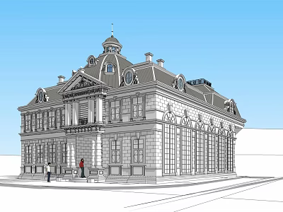 Classical European Architecture With Towered Roof Stone Facade And Arched Windows 3d model
