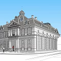 Classical European Architecture With Towered Roof Stone Facade And Arched Windows