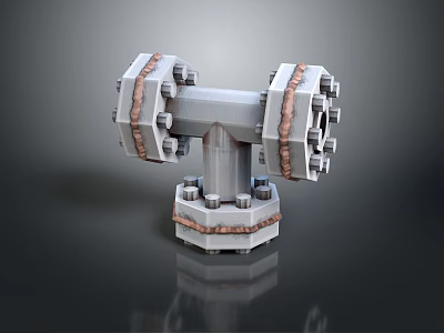 Industrial Metal Pipe Tee Joint Fitting With Bolts And Copper Wrapping 3d model