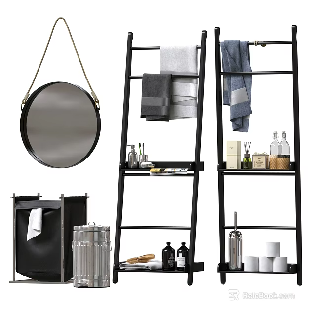 Bathroom Accessories Set With Round Mirror Towel Rack And Storage Shelf Holding Towels Toiletry Bottles 3d model 