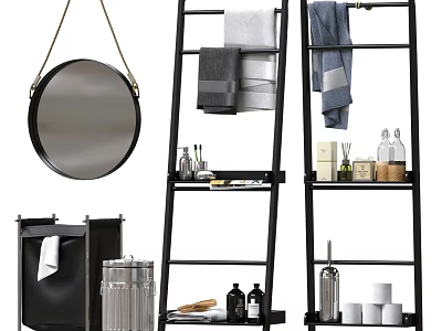 Bathroom Accessories Set With Round Mirror Towel Rack And Storage Shelf Holding Towels Toiletry Bottles 3d model
