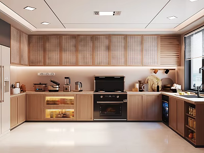 Modern Kitchen Interior Design With Wooden Cabinets Built In Appliances And Recessed Lighting 3d model