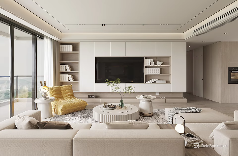 Modern Living Room With Beige Sofa Yellow Armchair Round Coffee Table And TV Wall 3d model 