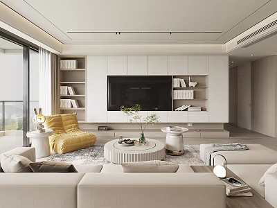 Modern Living Room With Beige Sofa Yellow Armchair Round Coffee Table And TV Wall 3d model
