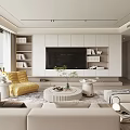 Modern Living Room With Beige Sofa Yellow Armchair Round Coffee Table And TV Wall