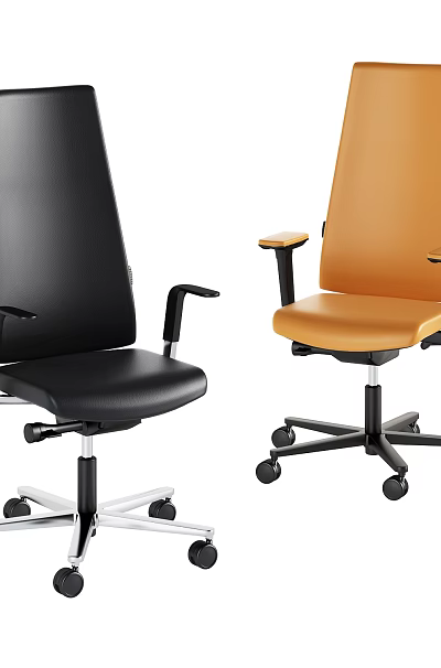 Modern Black and Orange Office Chairs with Armrests and Caster Wheels 3d model
