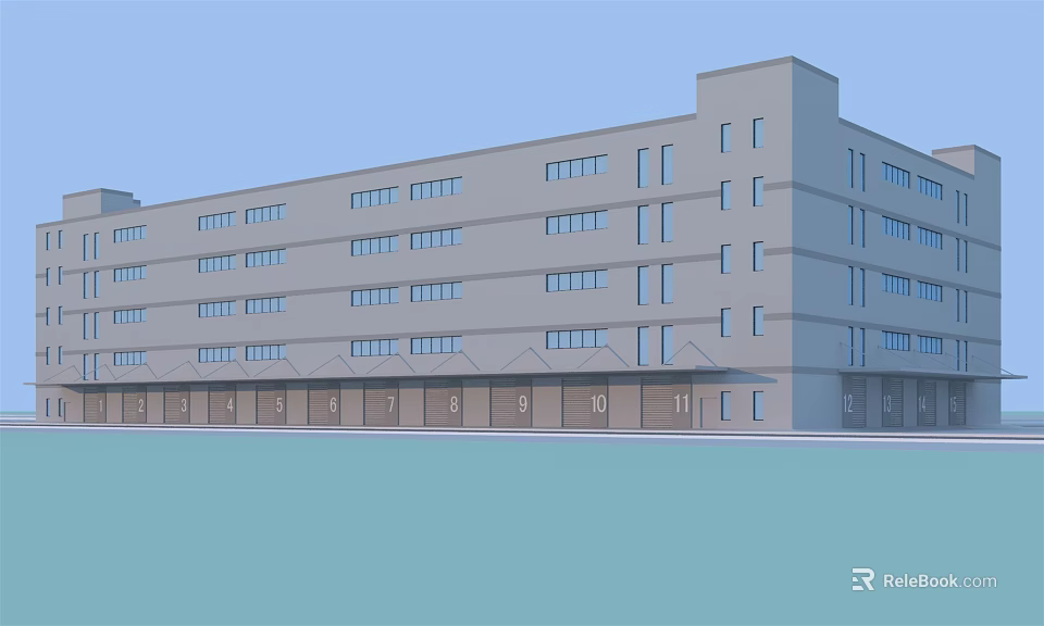 Multi Storey Industrial Factory Building With Gray Exterior Numerous Windows And Ground Floor Doors 3d model 