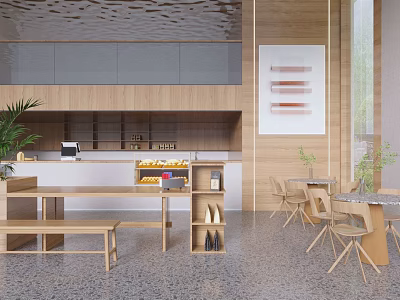 Modern Minimalist Café Interior With Wooden Counter Tables Chairs And Green Plants 3d model