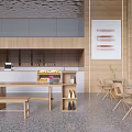 Modern Minimalist Café Interior With Wooden Counter Tables Chairs And Green Plants