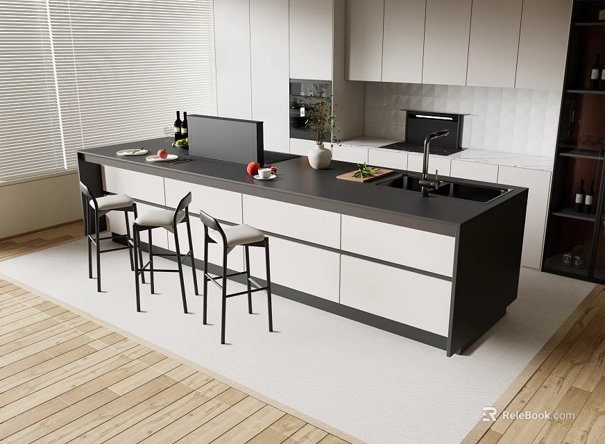 Modern Kitchen Bar Counter With Sleek Design Cabinets And Bar Stools 3d model 