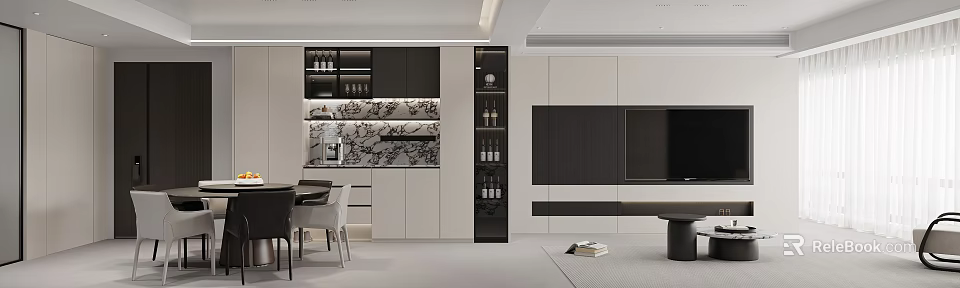 Modern Dining and Living Room Interior With Dining Table Chairs Storage Cabinets and Decorative Wall 3d model 