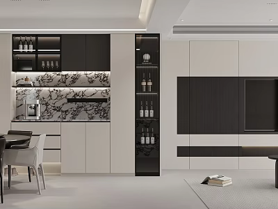 Modern Dining and Living Room Interior With Dining Table Chairs Storage Cabinets and Decorative Wall 3d model