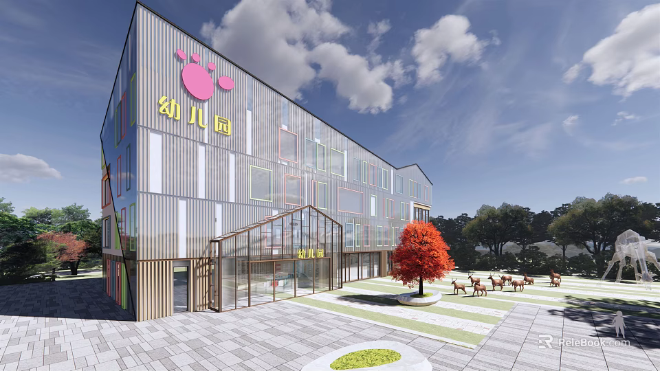 Modern Kindergarten Building with Glass Metal Facade Pink Cartoon Elements Outdoor Courtyard Red Tree Seating 3d model 