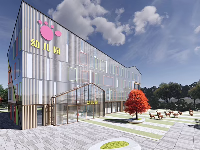 Modern Kindergarten Building with Glass Metal Facade Pink Cartoon Elements Outdoor Courtyard Red Tree Seating 3d model