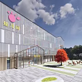 Modern Kindergarten Building with Glass Metal Facade Pink Cartoon Elements Outdoor Courtyard Red Tree Seating