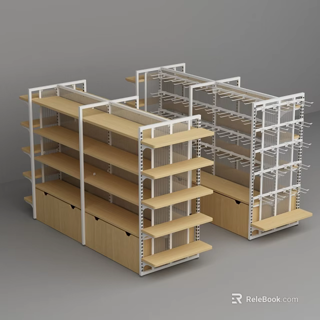 Modern Retail Shelving Units With Wooden Shelves And White Metal Frames 3d model 