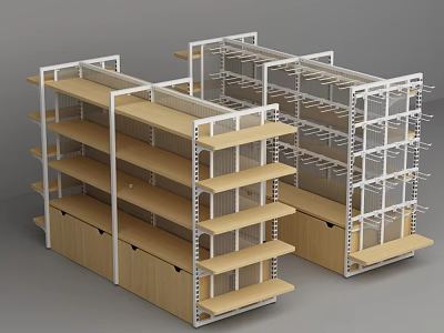 Modern Retail Shelving Units With Wooden Shelves And White Metal Frames 3d model