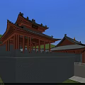 Traditional Chinese Ancient Architecture With Classic Curved Roof Red Pillars Stone Steps And Green Hills