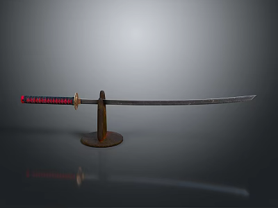 Traditional Samurai Sword With Red Black Handle And Metal Display Stand 3d model