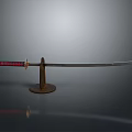 Traditional Samurai Sword With Red Black Handle And Metal Display Stand