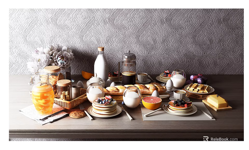Delicious Breakfast Food Items With Pastries Fruits And Beverages On Table Setup Gray Wall Background 3d model 