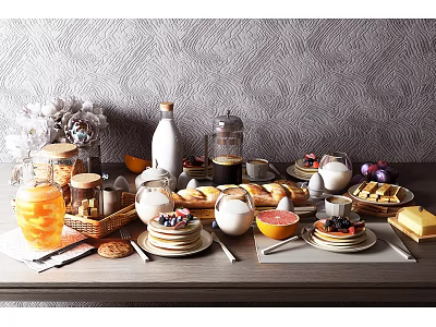 Delicious Breakfast Food Items With Pastries Fruits And Beverages On Table Setup Gray Wall Background 3d model
