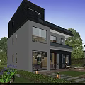 Modern Detached Villa Exterior With Large Glass Windows Balcony Garden Lawn And Stone Pathway