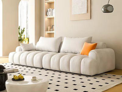 Modern Three Seater Sofa With White Orange Cushions Area Rug And Coffee Table 3d model