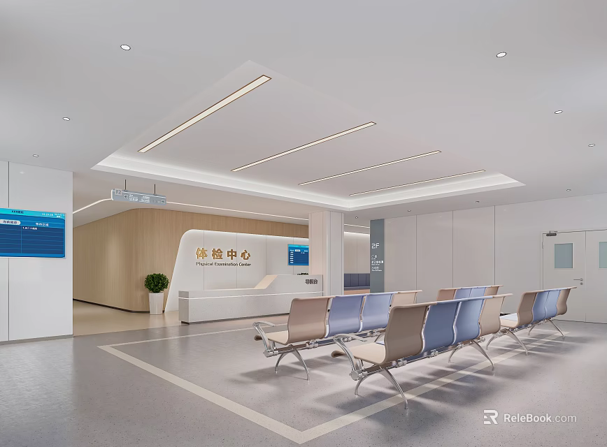 Modern Hospital Outpatient Clinic Waiting Area Interior With Reception Desk And Seats 3d model 