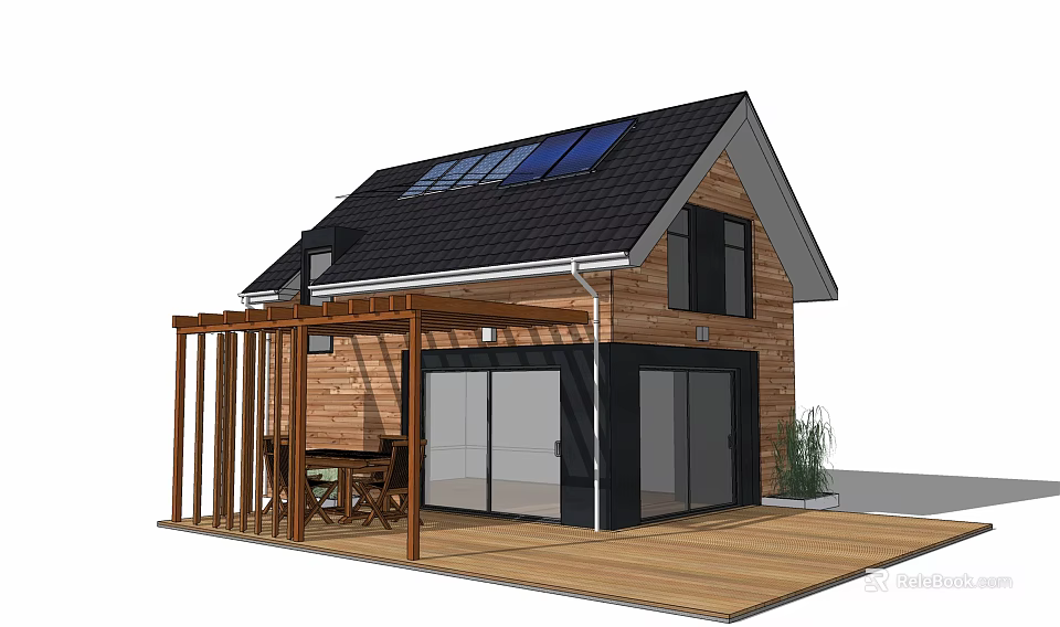 Cozy Guesthouse Architecture With Wooden Exterior Black Roof Solar Panels Glass Sliding Doors And Wooden Deck 3d model 