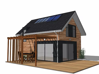 Cozy Guesthouse Architecture With Wooden Exterior Black Roof Solar Panels Glass Sliding Doors And Wooden Deck 3d model