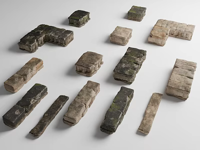 Traditional Building Components Stone Bricks with Various Shapes and Mossy Green Hues 3d model