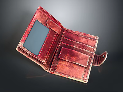 Red Leather Wallet Open Design With Card Slots And Transparent Window 3d model