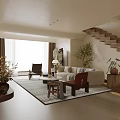 Modern Living Room With Large TV Wooden Stand Patterned Rug Armchair And Decorative Shelves