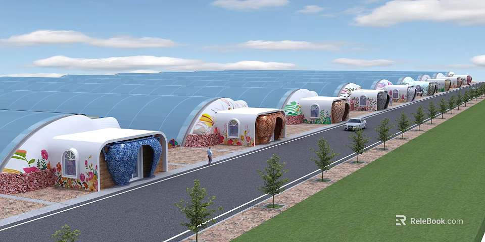Industrial Factory Complex With Arched Structures And Colorful Patterns Arranged Along Road With Trees And Greenery 3d model 