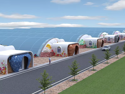 Industrial Factory Complex With Arched Structures And Colorful Patterns Arranged Along Road With Trees And Greenery 3d model
