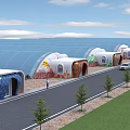 Industrial Factory Complex With Arched Structures And Colorful Patterns Arranged Along Road With Trees And Greenery
